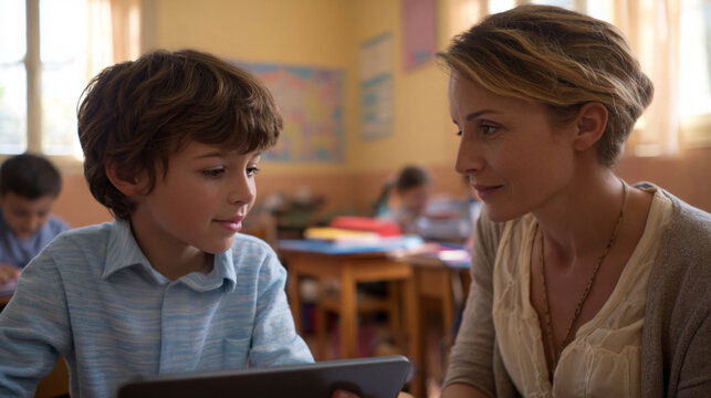 Nonverbal child with tablet using emotion-translation interface to talk with teacher; she listens attentively. Scene reflects care, connection, and tech inclusion in education.