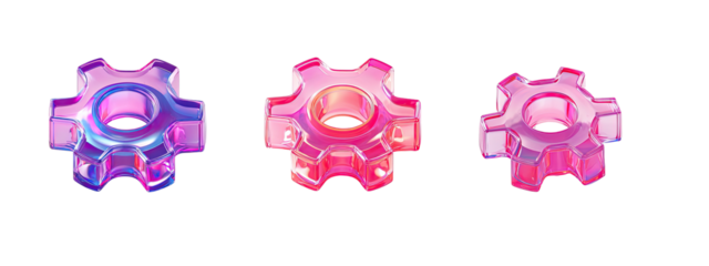 Three stylized pink and purple gear icons