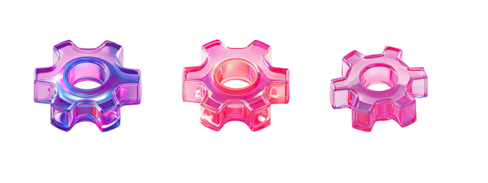 Three stylized pink and purple gear icons