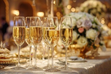 Champagne glasses filled with sparkling beverage are elegantly arranged on a festive table adorned with flowers and pastries during a celebratory event