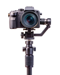 Professional dslr camera mounted on a gimbal stabilizer for smooth cinematic footage transparent background