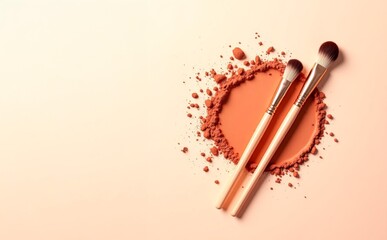 Makeup brushes on a base of brown, highly textured powder foundation, with copy space.
