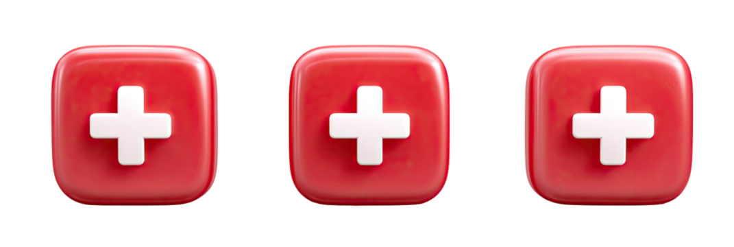 Three red buttons with white plus signs