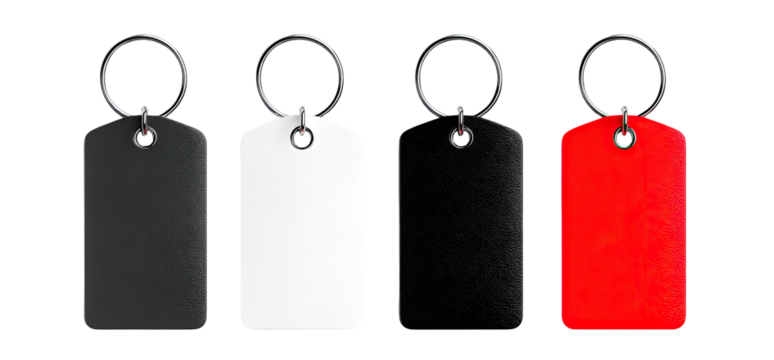Four key tags in black, white, and red
