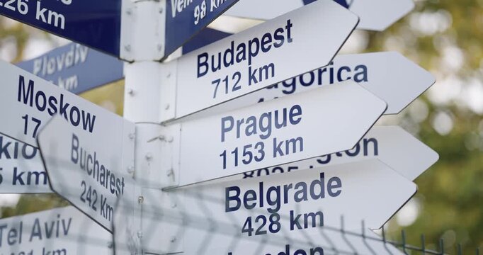 Signpost showing the distances to various global cities, including Budapest, Prague, Moscow, Tel Aviv and Belgrade, located outdoors