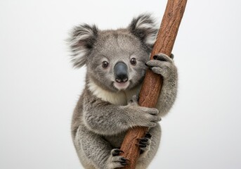 Cute Gray Koala Clinging to a Tree Branch in Studio Setting for Wildlife and Nature Themes