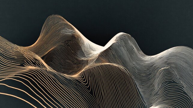 Abstract mountain range, digital art.  Gold and white lines create a 3D, undulating landscape against a dark background