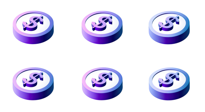 Six 3D dollar signs, vibrant colors