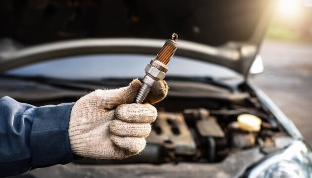 mechanic holds a new spark plug next to a worn rusty one in front of a car engine clear comparison of condition ideal for automotive maintenance or repair themes