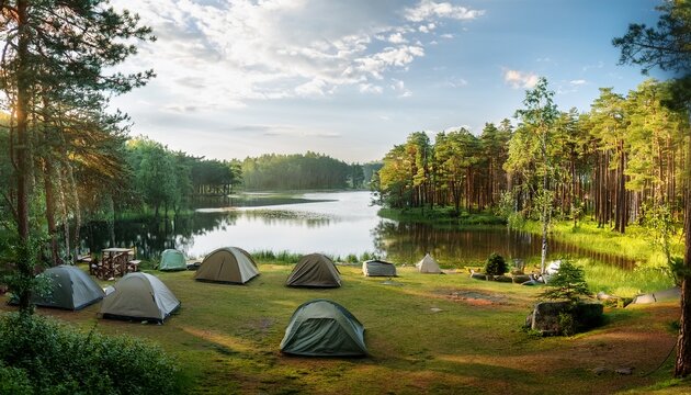 serene woodland camping site with lush greenery a tranquil lake in the background and several tent sites ready for campers perfect for a peaceful getaway escape landscape refuge