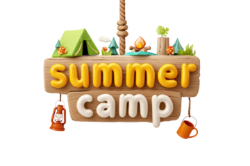 Cartoon summer camp sign with camping icons
