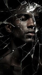 A close-up shot of a man's face peeking through a cracked glass window.