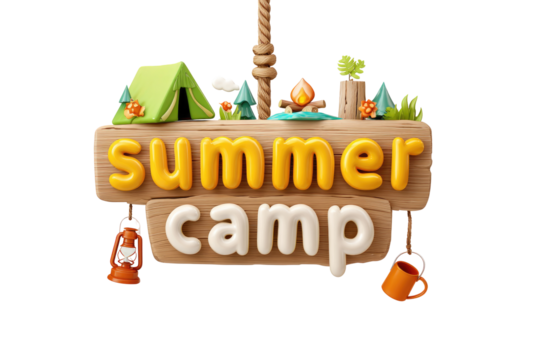 Cartoon summer camp sign with camping icons
