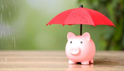 Piggy bank under umbrella, rain, protection
