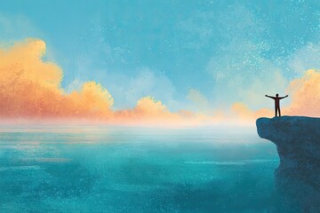 Silhouette figure on cliff overlooking tranquil ocean