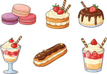 Delicious dessert vector collection, cartoon sweets and pastries illustration, colorful French macarons, creamy cakes and parfaits, perfect for design projects