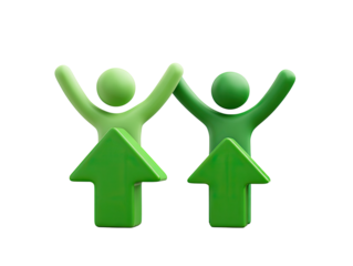 Two stylized green figures, joined, celebrating