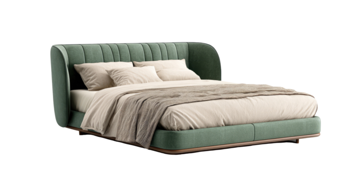 Luxurious sage green upholstered bed with cream linens