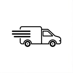 minimal vector icon of delivery truck, flat design, black and white, isolated on white background, fast delivery concept with motion speed lines, simple silhouette, suitable for app icon and web desig