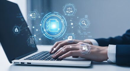 Close up of a person s hands typing on a laptop with a futuristic blue digital interface and glowing icons floating above the keyboard representing technology and data