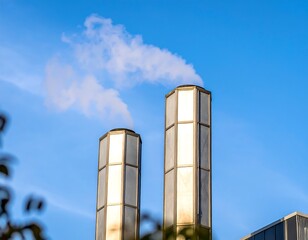 Industrial smokestacks against a clear sky