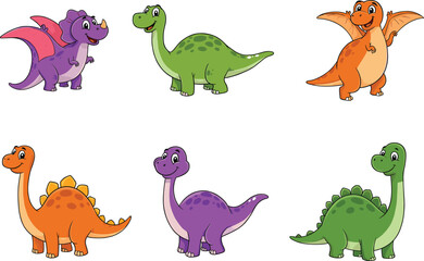Adorable cartoon dinosaur set, colorful prehistoric animal characters, kids vector clipart, fun dino illustration, flat drawing, educational design