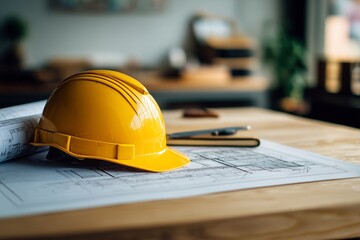 Construction hard hat resting on blueprints in a bright office space during the afternoon hours