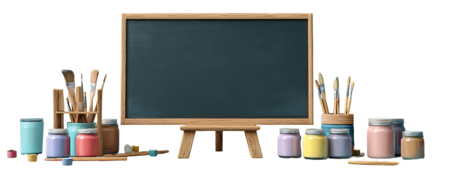 Art supplies arranged around a blank chalkboard