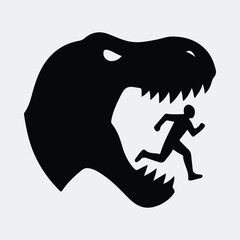 Naklejka premium Silhouette dinosaur chasing man funny creative black and white vector illustration