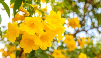Bright yellow trumpet flowers clustered with green leaves, bokeh background