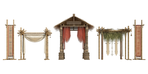 A collection of traditional Asian bamboo entrance gates and decorative arches with fabric backdrops is isolated on a transparent background.