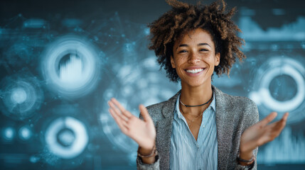 A young African American woman with curly hair smiles warmly and claps her hands in front of a digital background with graphs and data visualizations