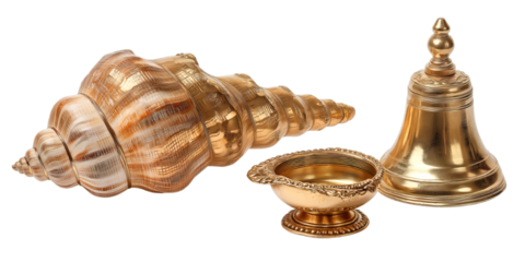Traditional golden conch shell, ornate brass diya, and holy bell are displayed for Hindu rituals, isolated on a transparent background.