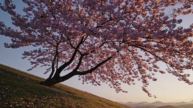 Low-angle shot of a blooming cherry blossom tree on a hillside at sunset, capturing the serene beauty ideal for a tranquil nature video. Live desktop wallpaper.