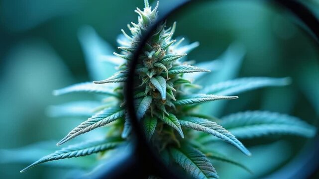 Close up an inserting of magnifying glass on a beautiful marijuana bud, alternative medical plants, the futuristic botanical researching, laboratory activity, macro shot a frosty cannabis flower