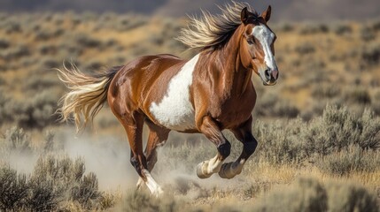 A close-up view of a wild stallion galloping across a dusty desert terrain