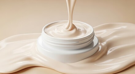 Creamy Cosmetic Pouring into Jar, Elegant Skincare Product Display.