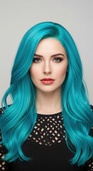 Fototapeta premium A young woman with striking turquoise hair and glamorous makeup poses confidently in a black lace top, conveying a bold and modern aesthetic