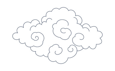 Traditional Asian cloud, cumulus cloud, line drawing, blue outline, isolated on transparent. Hand drawn vector illustration. Buddhist thangka art. Chinese, Japanese, Korean design element, clip art