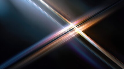 Abstract, diagonal, light rays intersecting on a dark background
