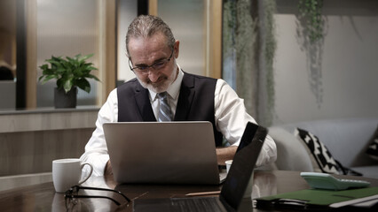 Business meeting or working in modern office. Senior executive discussing project with colleagues using laptop and online digital reports. Teamwork Leadership Strategy and Corporate Collaboration Tech