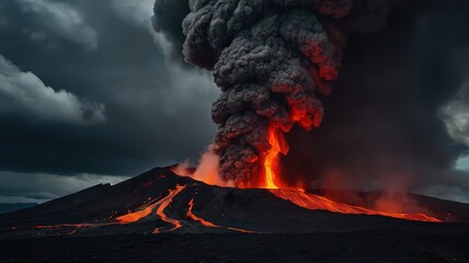 
Massive Volcanic Eruption with a River of Molten Lava and a Huge Column of Dark Ash Against a Dramatic Sky
