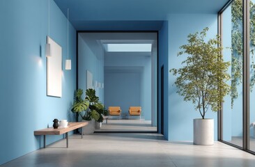 Obraz premium Light-filled blue hallway with modern decor