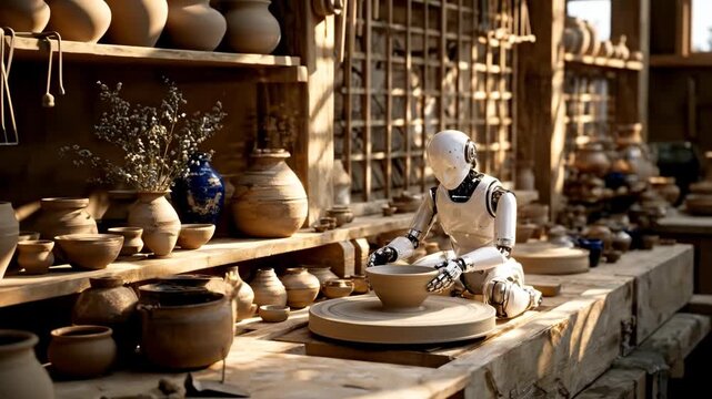 A Humanoid Robot Expertly Crafting Pottery on a Traditional Potter's Wheel, Blending Art and Artificial Intelligence