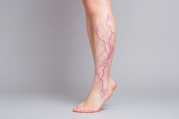 Patient with sign of varicose veins symptoms on a legs. Light background. Leg pain. Phlebology. Venous pathologies of the lower extremities. Human vessel, arteries. Capillaries. Blood system. Banner