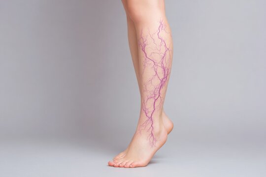 Patient with sign of varicose veins symptoms on a legs. Light background. Leg pain. Phlebology. Venous pathologies of the lower extremities. Human vessel, arteries. Capillaries. Blood system. Banner