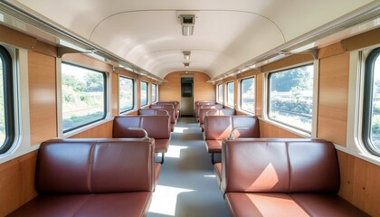 Empty interior of an old train carriage with rows of seats and windows.