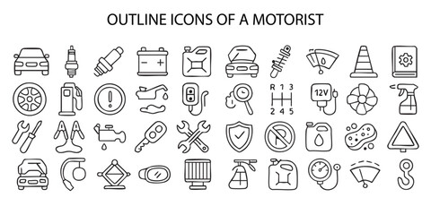 outline icons related to the automobile, as indicated by the inscription “AUTOMOBILIST OUTLINE PICNOGRAPHICS” at the top