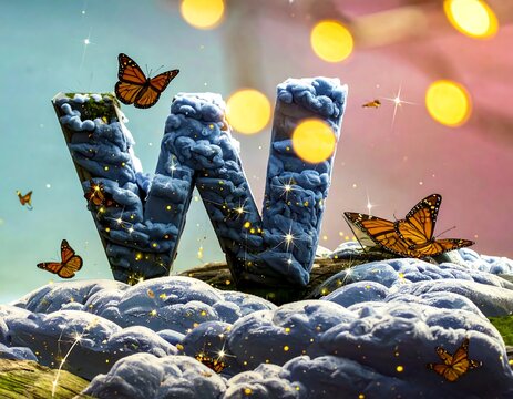 Magical letter W, butterflies, clouds