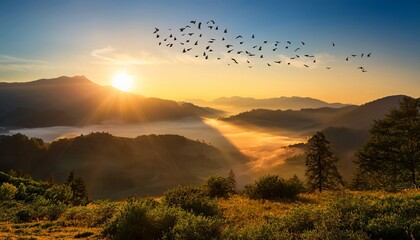 serene sunrise over misty valley with mountains and birds flying calm morning light creates peaceful atmosphere in nature